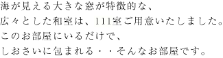 海が見える大きな窓が特徴的な、広々とした和室は、111室ご用意いたしました。このお部屋にいるだけで、しおさいに包まれる…そんなお部屋です。